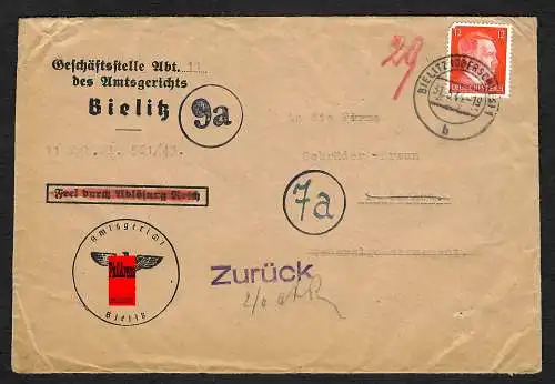 GG: Amtsgericht Bielitz nach Tarnow, Stempel: Empfänger in Tarnow nicht ...