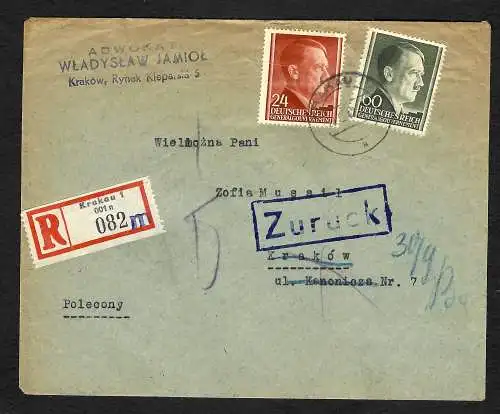 GG: Anwaltsbrief als Einschreiben Krakau 1942, zurück Empfänger im Gefängnis