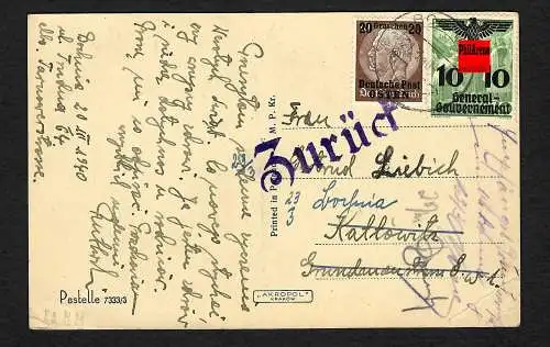 GG: Ansichtskarte Bochnia 1940 nach Kattowitz, zurück