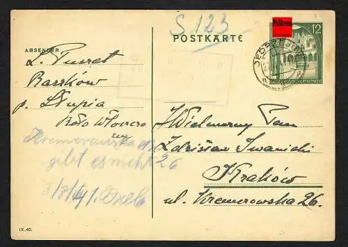 GG: Ganzsache Jedrzejow, Agenturstempel 1941 und zurück