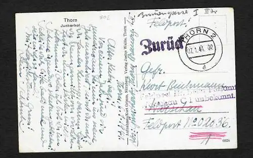 GG: AK Thorn als Feldpost nach Warschau, FeldpostNr. in Warschau unbekannt 1941