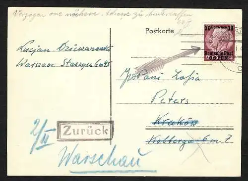 GG: Postkarte Warschau nach Krakau, zurück, seltener Pfeil  1940