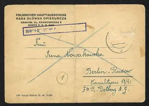GG: Postkarte des polnischen Hauptausschusses Krakau nach Berlin vom 10.1.45