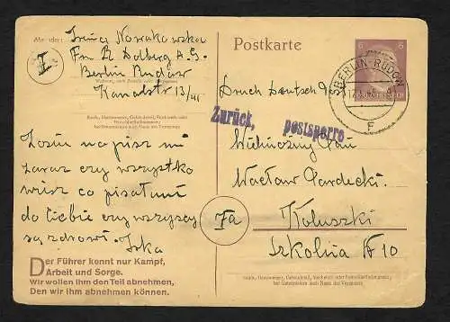 GG: Postkarte 17.1.45 von Berlin nach Koluszi, zurück Postsperre