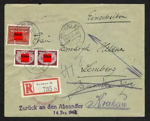 GG: Einscheiben Krakau-Lemberg, rückseitig viele Stempel, 1943