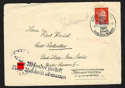 GG: Brief aus Adorf/Teppiche nach Radom, dann Petrikau, zurück an Absender 1943