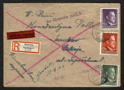 GG: Eilboten/Einschreiben Skawina: An Absender zurück 1944, Briefinhalt