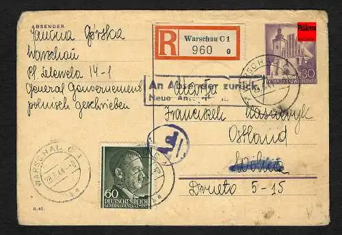 GG: Einschreiben Warschau nach Ostland 28.6.44: An Absender zurück, Zensur