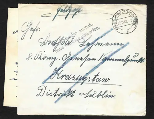 GG: Gross Schönbeck 1942 nach Kresnystaw/Lublin: An Absender zurück