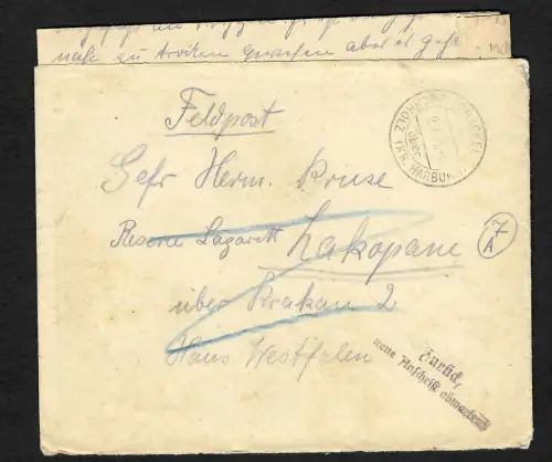 GG: Feldpost Brackel /Harburg nach Krakau: Zurück: neue Anschrift abwarten