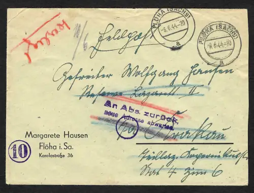GG: Feldpost Flöha nach Krakau, 6.44, an Absender zurück