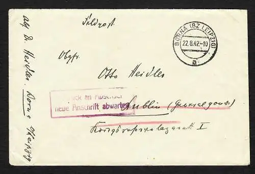 GG: Feldpost Börna/Leipzig 1942 nach Lublin, zurück an Absender