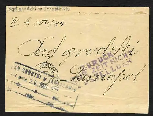 GG: Anschrift-Ausschnitt Gerichtsbrief Jaroslau nach Tarnopol: Seltener Stempel