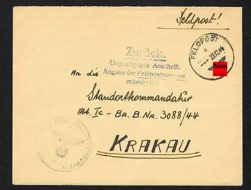 GG: Feldpost 27.12.44 an Standortkommandant Krakau, zurück FPNr. 28991 H