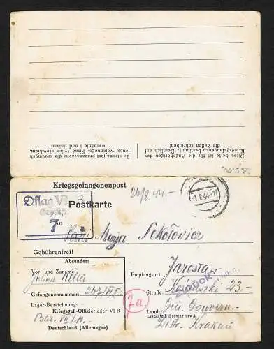 GG: Kgf/PoW: Jaroslaw an Oflag VIB/Dössel 1944, Lager Zensur. Zurück