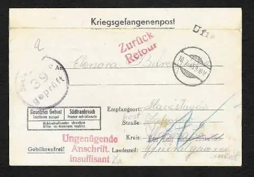 GG: Kgf/PoW: Stalag /Frankreich nach Warschau: 10.1.45 nicht zustellbar