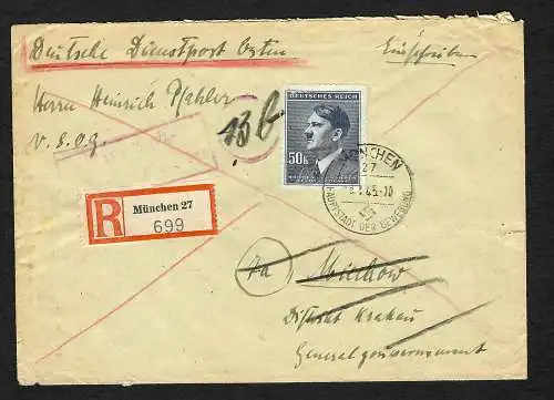 GG: Brief aus München mit B&M Frankatur nach Miechow, Einschreiben 8.1.45-zurück
