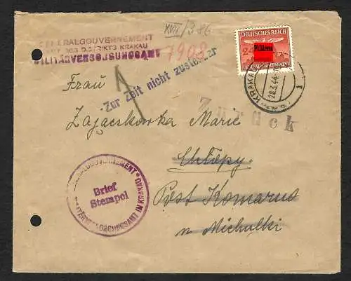 GG: Brief aus Krakau 1944 nach Michalki,  zurück mit neuer Adresse