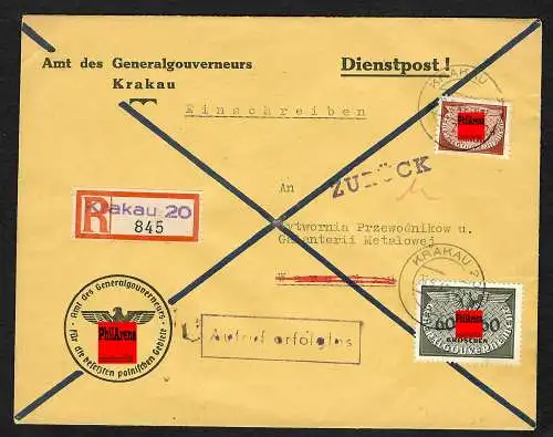 GG: Dienstbrief Einschreiben Krakau nach Warschau, Aufruf erfolglos, zurück 1941