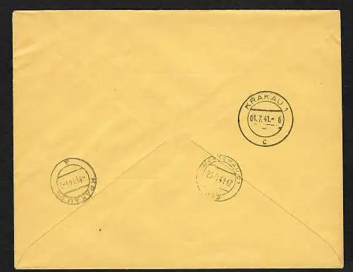 GG: Dienstbrief Einschreiben Krakau nach Warschau, Aufruf erfolglos, zurück 1941