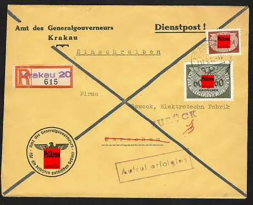 GG: Dienstbrief Einschreiben Krakau nach Warschau, Aufruf erfolglos zurück 1941