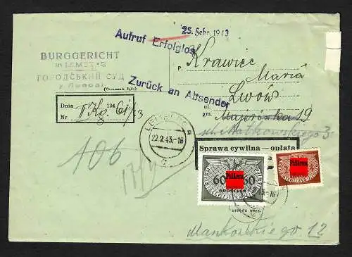 GG: Gerichtsbrief Lemberg 1943: Aufruf Erfolglos, mit Inhalt noch ungeöffnet