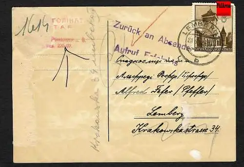 GG: Anwalts-Postkarte Lemberg: Zurück: Aufruf erfolglos 1942