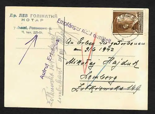 GG: Anwalts-Postkarte Lemberg: Zurück: Aufruf erfolglos 1942, Erbensache