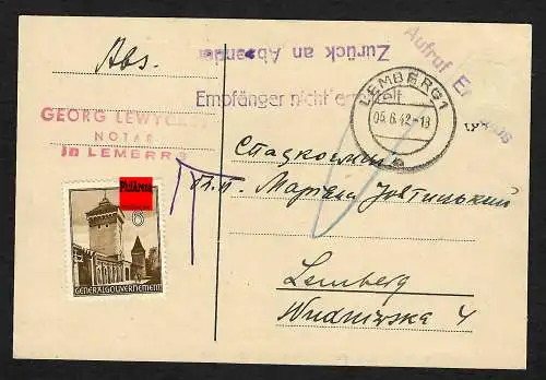 GG: Anwalts-Postkarte Lemberg: Zurück: Aufruf erfolglos 1942