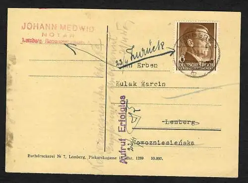 GG: Anwalts-Postkarte Lemberg: Zurück: Aufruf erfolglos 1943