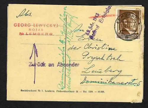 GG: Notar-Postkarte Lemberg: Zurück: Aufruf erfolglos 1943, Doppelkarte