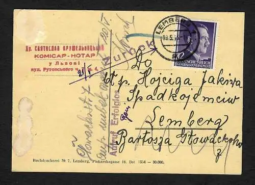 GG: Notar-Postkarte Lemberg: Zurück: Aufruf erfolglos 1943