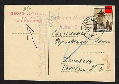 GG: Notar-Postkarte Lemberg: Zurück: Aufruf erfolglos 1942 - zurück an Absender