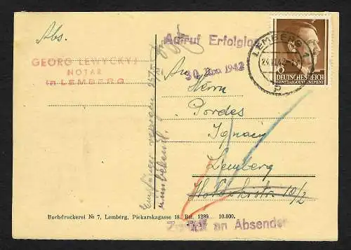 GG: Notar-Postkarte Lemberg: Aufruf erfolglos 1942 - zurück an Absender