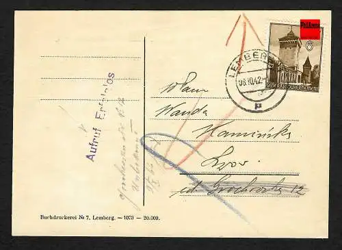 GG: Notar-Postkarte Lemberg: Aufruf erfolglos 1942 -zurück an Absender