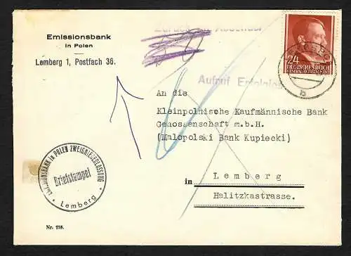 GG: Emissionsbank Lemberg 1942: Aufruf erfolglos, Zurück an Absender