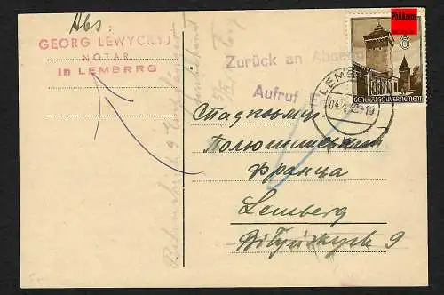 GG: Notar-Postkarte Lemberg: Aufruf erfolglos 1942-zurück an Absender