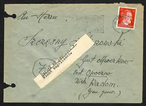 GG: Späte Post: 28.11.44 Görlitz nach Opoczno/Radom: Zurück Zettel
