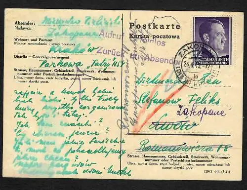 GG: Postkarte Krakau nach Lemberg: Aufruf erfolglos, zurück 1942 nach Zakopane