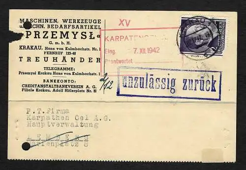 GG: Postkarte Przemysl nach Lemberg 1942: Unzulässig zurück