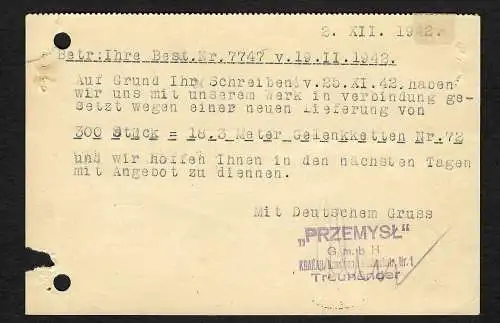 GG: Postkarte Przemysl nach Lemberg 1942: Unzulässig zurück