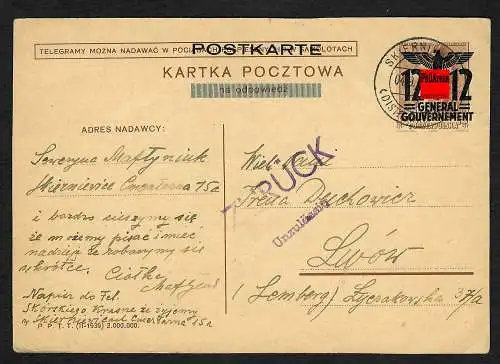 GG: Ganzsache Skierniwice nach Lemberg: 31.9.41. zurück unzulässig
