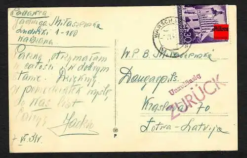 GG: Ansichtskarte Warschau nach Lettland 7.6.41, unzulässig zurück