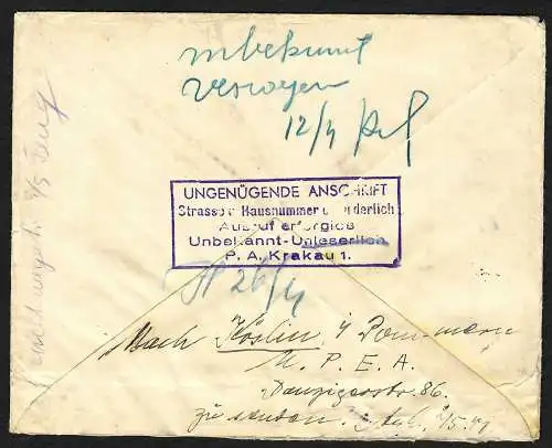 GG: Brief nach Köslin, Nachgebühr, Weiterleitung Krakau, zurück
