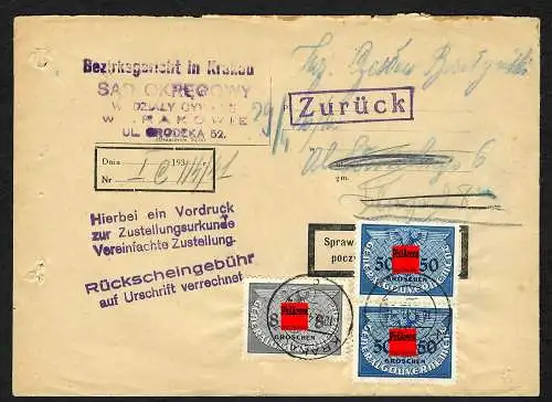 GG: Gerichtsbrief Krakau mit rückseitigem Stempel Ungenügende Anschrift ... 1941