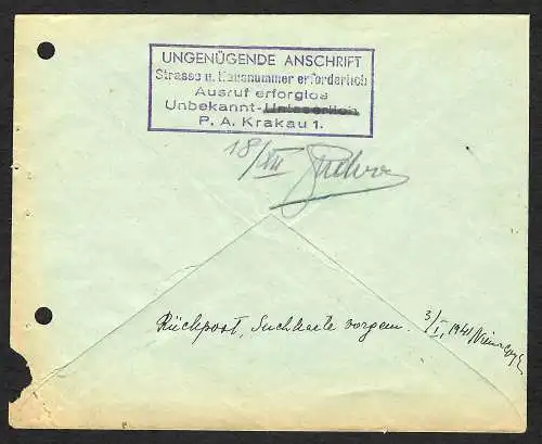 GG: Brief Krakau mit rückseitigem Stempel Ungenügende Anschrift ... 1940