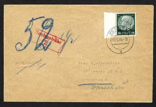 GG: Brief Petrikau 1940 nach Warschau mit Nachgebühr 