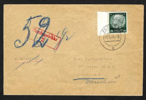 GG: Brief Petrikau 1940 nach Warschau mit Nachgebühr 