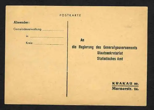 GG: Vordruck Postkarte Gemeindeverwaltung an Regierung in Krakau- Statistik