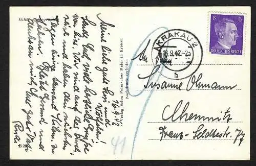 GG: Ansichtskarte Burg Krakau mit DR-Frankatur 1942 nach Chemnitz, ungültig